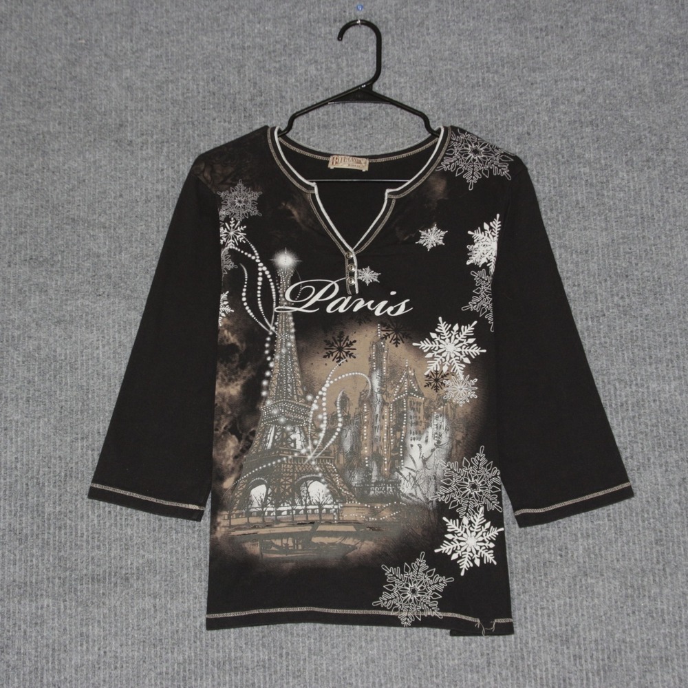 Blue Canyon Woman 2X Black Paris Eiffel Tower Snowflakes 3/4 Sleeve‎ Top